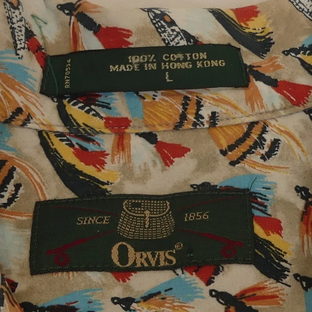 Orvis Fly Fishing All Over Print AOP Short‎ Sleeve Button Up Shirt Men's Large
